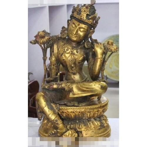 S2576 25" Old 100% Purple Bronze 24K Gold Inlay Jewel Green Tara Goddess Buddha Statue