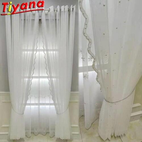 Side Embroidered Pearls Tulle Curtains for Living Room Light Luxury Beading Grey White Sheer Volie for Balcony#VT