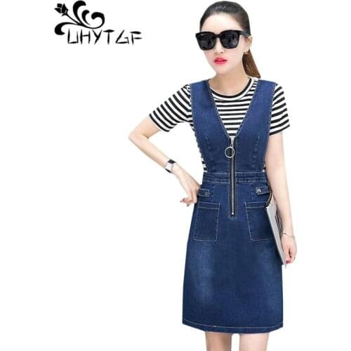 UHYTGF Summer skirt suit womens Fashion denim strap dress Pullover t-shirt top + jeans strap dress 2piece set Cute girl sets 644