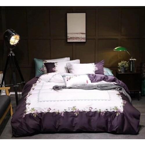 Queen King size 100S Egyptian cotton Luxury Bedding Set Golden Embroidery Duvet cover Bed cover Bed sheets set 4pcs white purple