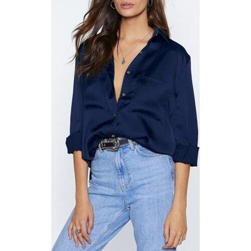 New Button Chiffon Shirts Women Tops and Blouses Pocket Long Sleeve Casual Clothing Black Red Navy Plus Size T-shirt Female XXXL