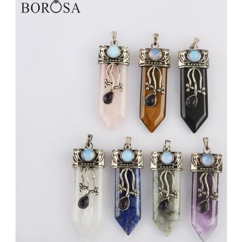 BOROSA Silver Plated Multi-kind Natural Stones Pendant Necklace New Arrival Rectangle Rose&Purple Crystal Necklace WX1859