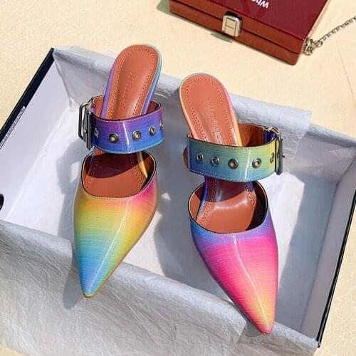 2020 Summer new stiletto pointed high heel Iridescent Wild buckle sandals pu Korean version of the wild Baotou female cool shoes