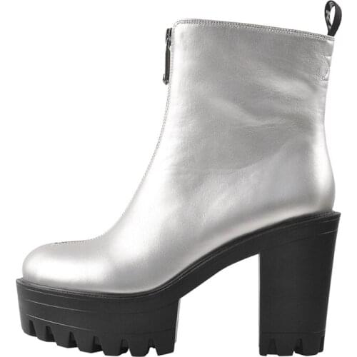 Richealnana Silver PU Black Milk Silk Lining Ankle Boots Round Toe Platform Chunky High Heels Double Zippers Fashion Modern Shoe