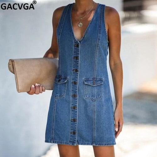 GACVGA 2021 Women Washed Denim Dress Sleeveless Summer Vintage Jeans Loose Ladies Single Breasted Slim Sexy Party Mini Dress
