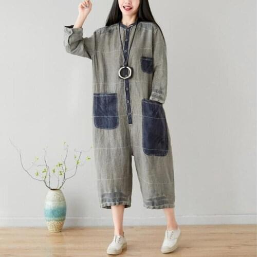 Long Sleeve Patchwork Cotton Linen Jumpsuit Romper For Women Autumn Wide Leg Jumpsuit Overalls Rompers