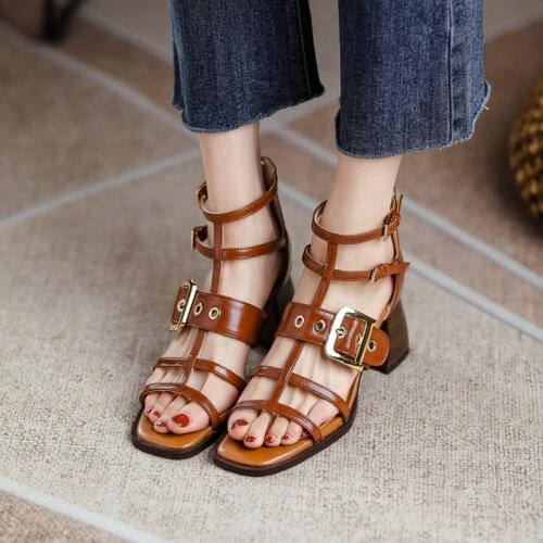 Leather retro sandals womens shoes leather sandals luxury brand high quality fashion boots high heels X872