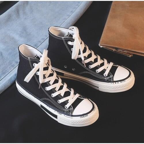 Fashion Womens Shoes Spring New High-top Retro Canvas Shoes Lace Running Casual Shoes Wild Students Flat Black Sneakers Women
