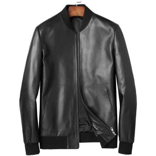 Brief Natural Sheep Skin Leather Jacket Men Casual Zipper Outwear Gentleman Genuine Black Real Leather Fashion Black Jacket 4XL