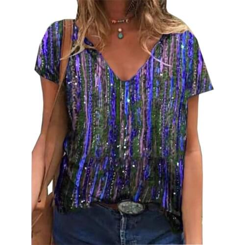Summer Womens V-Neck Gradient Striped Printed T Shirts S-5XL New Streetwear Casual Short Sleeve Loose Tops Oversized Ladies Tee