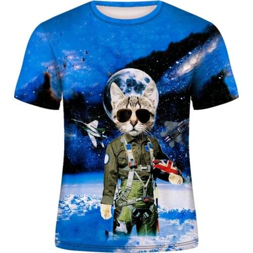 Summer cute cartoon cat T-shirt 2020 new high quality mens and womens casual short-sleeved blue T-shirt o collar