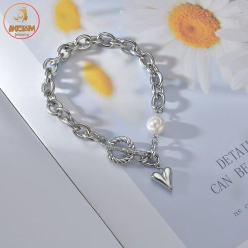 Akizoom Fashion OT-Buckle Heart Pearl Bracelet for Women Stainless Steel Color Charm Unisex Wrist Birthday Party Jewelry Gift