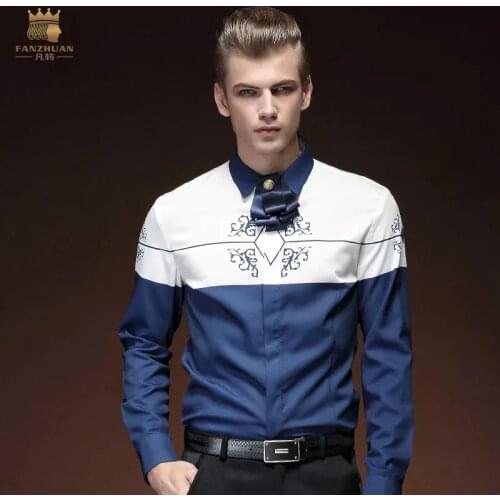 FANZHUAN brands Free Shipping New Fashion business royal Spring mens long-sleeve male shirts blue white print shirt 15212 5XL