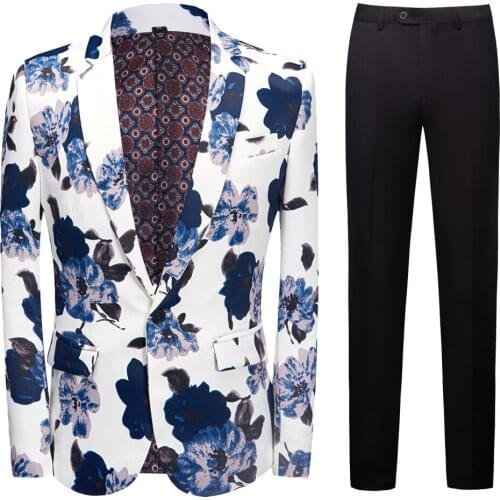 Mens Blue And White Water Printing Printed Suit Men Slim Fit Suit Set Blazers Singer Costume Casual Night Party Bar Suit