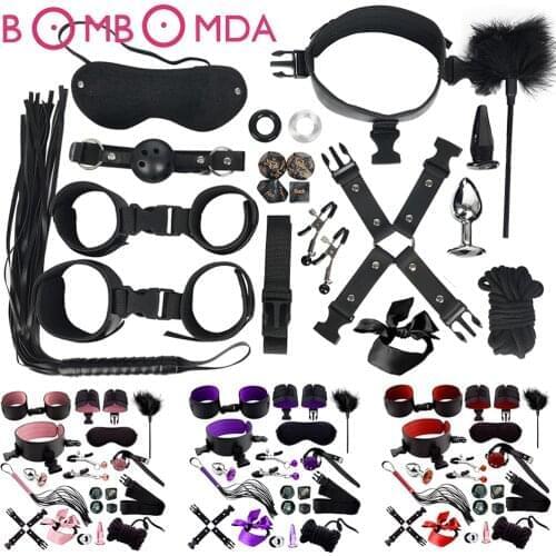 Sexy Leather BDSM Kits Plush Sex Bondage Set Handcuffs Sex Games Whip Gag Nipple Clamps Sex Toys For Couples Exotic Accessories