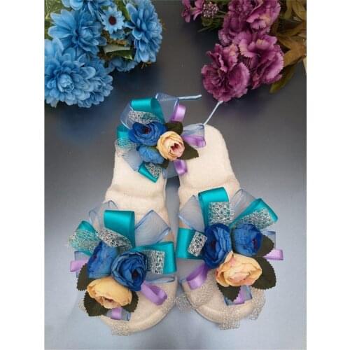 Postpartum Set Blue Chiffon Satin Shiny Fishnet Flower Bouquet Slippers and Crown, Set of 2