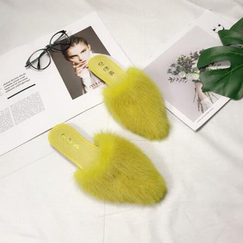 New Womens Half Slippers 2021 Mink Fur Mules Slippers Ladies Flip-Flops Flat Shoes Lazy Slippers