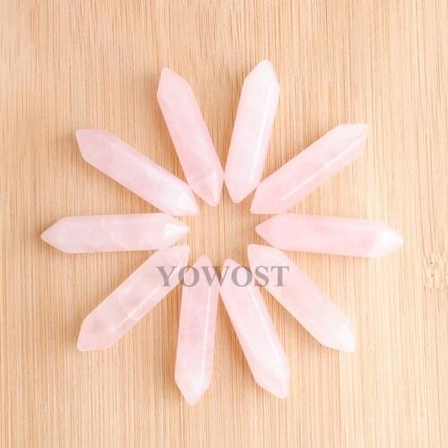Wholesale 10Pcs 30x8mm Hexagonal Bullet Pointed Reiki Chakra Rose Quartzs Natural stone No Hole Pendant Beads QU3307
