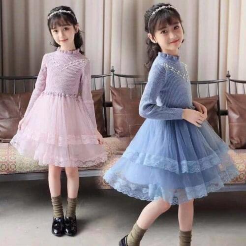 2020 Autumn Winter New Children Girls Mesh Sweater Knitted Dress Kids Girls Princess Pearl Elegant Korean Vestido Clothing N62