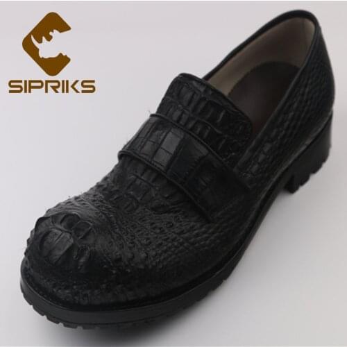 Sipriks Imported Black Real Crocodile Skin Shoes Mens Italian Handmade Goodyear Welted Shoe Gents Suit Formal Tuxedo Loafers