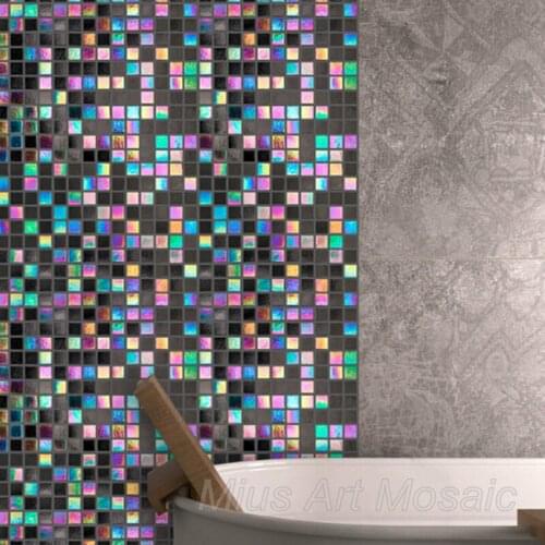 Free shipping unique design rainbow iridescent color glass mosaic tile for bathroom decoration