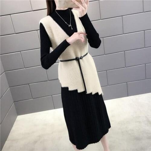 Knitted Dress Women Spring and Autumn 2021 New Korean Temperament Thin Two-piece Suit Fashion Vest Sweater Dress Outfit Y345