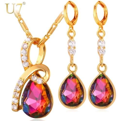 U7 Cubic Zirconia Wedding Jewelry Sets For Women Romantic Gift Luxury Gold/Silver Color Earrings Necklace Set Wholesale S735