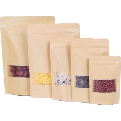 14*20+4 Food Moisture Barrier Bags Packaging sealing pouch Brown Kraft Paper Doypack Pouch with clear Window