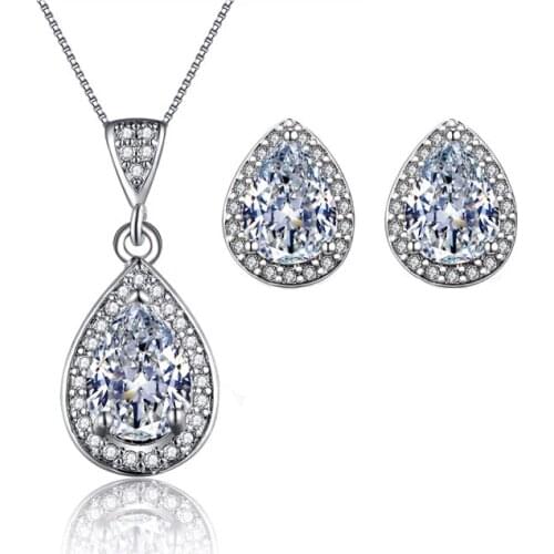 Water Drop CZ Wedding Jewelry Sets For Brides White Gold color Earring Necklace Sets Parure Bijoux ASM019
