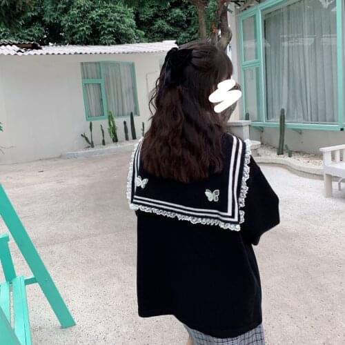 Japanese Girl Silver Butterfly Magic Castle Black Butterfly Collar Bow Sweater Dark Girl Style Student Sweater Women Sweater