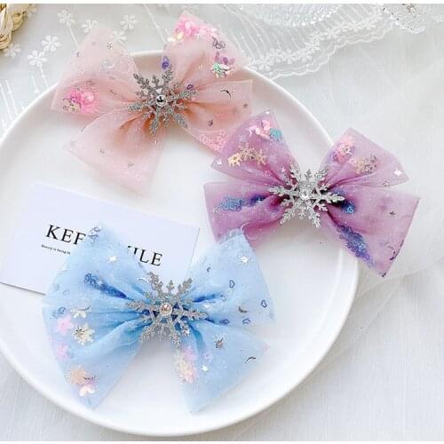 Boutique 15pcs Fashion Glitter Snowflake Bow Hairpins Solid Tulle Bowknot Hair Clips Princess Headwear Girls Hair Accessories