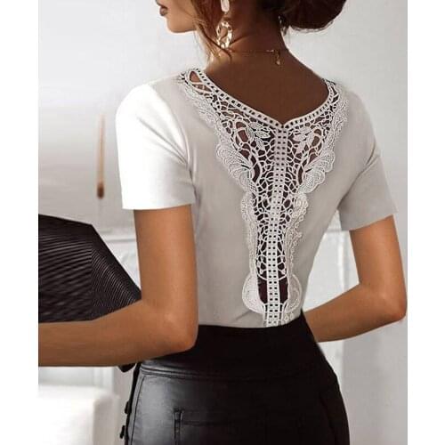 2021 Summer Women Slim T Shirt Casual Solid White Short Sleeve Tops Fashion Lady Sexy Hollow Out Lace Patchwork Backless T-Shirt