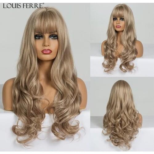 LOUIS FERRE Womens Golden Blonde Wigs Long Fluffy Curly Wavy Synthetic Hair Wigs for Girl Natural Daily Cosplay Wig with Bangs