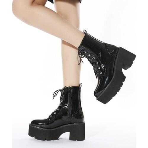 Woman Autumn Boots Womens Ladies Chunky Wedge Platform Black Patent Leather Ankle Boots Punk Goth Martin boots New Arrival 2021