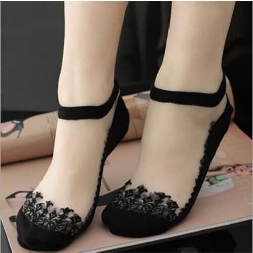 Women ultra-thin lace crystal silk socks cotton solid non-slip elastic lace silk soft sock breathable sweat-absorbing boat socks