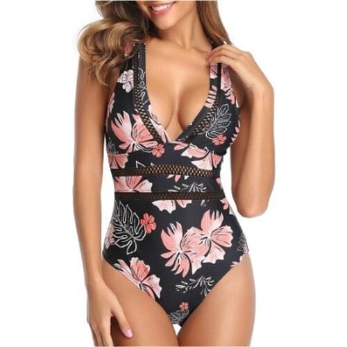 Flower Print One Piece Swimsuit V Neck Swimwear Women May Badpak 2020 New Bodysuit Bikini Boho Monokini Female Mesh Beach Wear