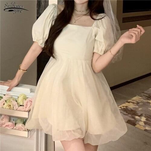 2021 Sweet Summer Women Solid Puff Sleeve Strap Behind Princess Dress for Women White Dress Vintage Mini Dresses Vestido 14687