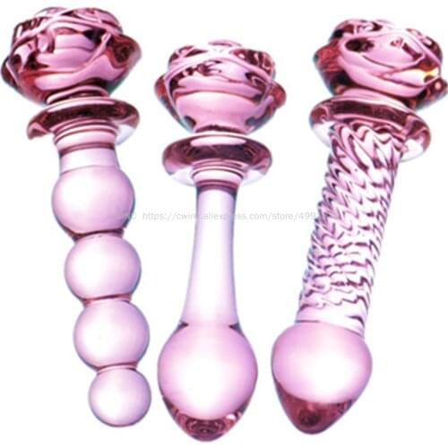 CW0174 Glass Dildo Pink Rose Flower Shape Vaginal Anal Butt Plug Self Comfort Masturbator Sex Toys for Woman