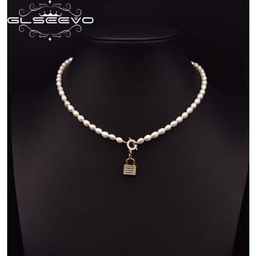 GLSEEVO Pure Natural Freshwater Pearl Woman Zircon Lock Pin Pendant Necklace Wedding Party Birthday Gift GN0288B