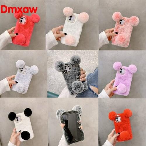 3D Panda Case For iPhone 13 12 11 Pro XS Max SE XR X 8 7 6 6s Plus Case Cute Ears Plush Fur Fluffy Girls Luxury Silicone Cover