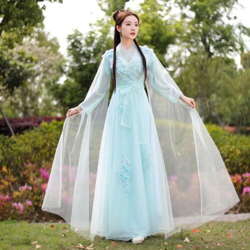 Chinese Style Fairy Elegant Guzheng Costume Female Classical Dance Performance Costume Chinese Folk Hanfu Clothing SL5099