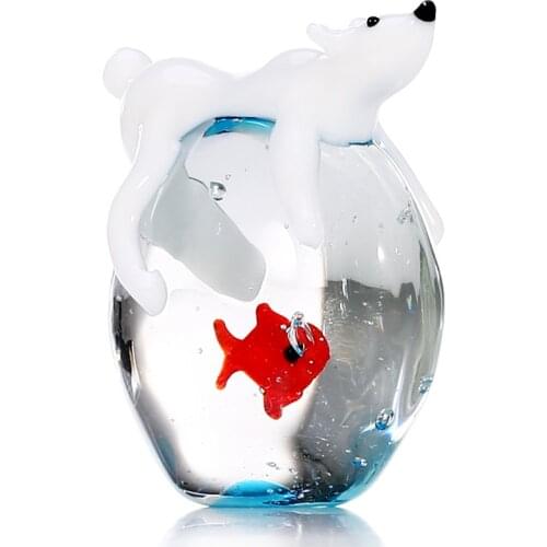 Polar Bear and Fish Handmade Animal Art Hand Blown Glass Art Wild Animal Figurine Home Decoration