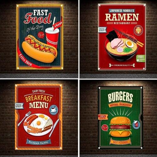 Burger\Hot Dog\Pizza\Noodle Breakfast Food AD Posters Wall Art Tapestry Canvas Painting Flag Banner Restaurant kitchen Decor