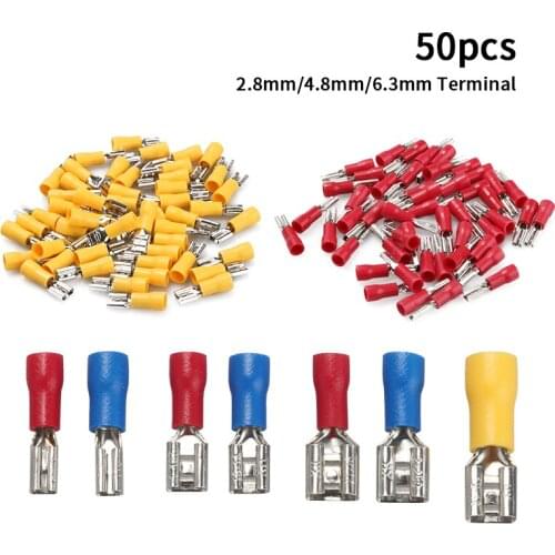50pcs 2.8mm 4.8mm 6.3mm Female Insulated Spade Wire Connector Red Blue Yellow Electrical Crimp Terminal