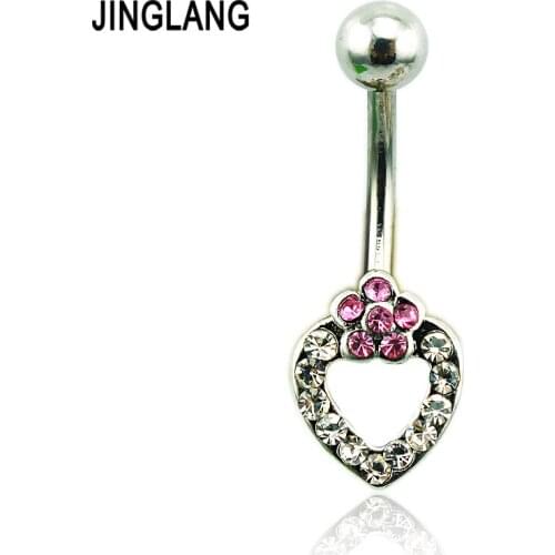 JINGLANG Classic Belly Button Rings Stainless Steel Barbells Rhinestone Heart Navel Rings For Women Body Piercing Jewelry