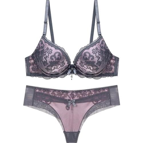 Bra Set Women Push Up Brassiere For Mature Lady Appliques Fern Pattern Underwired Bow Decoration Lingerie Women