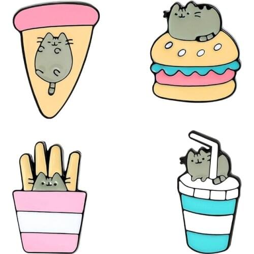 Noodles Cat Enamel Pin Pizza Hamburg French Fries Brooches Lapel Pins Cute Anime Badge Jewelry Gift For Kids Friends Wholesale