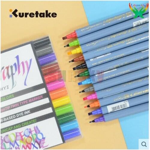 Kuretake 6/12 color Double headed flat head marker pen,artistic word flat head watercolor pen, art painting series Pen Set