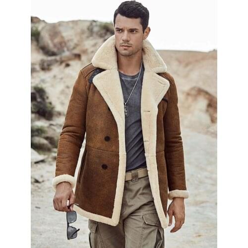 2020 New Mens Shearling Coat Long Fur Jacket Brown Leather Jacket B3 Hunting Jacket Mens Winter Coats Sheepskin Coat