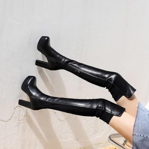 Ochanmeb Stretch Lycra Thigh High Boots Women Faux Suede Leather Nude Over the Knee Boots Woman Chunky High Heels Platform Shoes